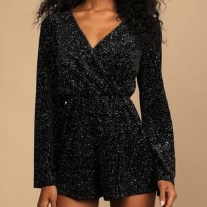 Lulu’s Beneath a Starry Sky Black Velvet Sparkly Long Sleeve Romper
